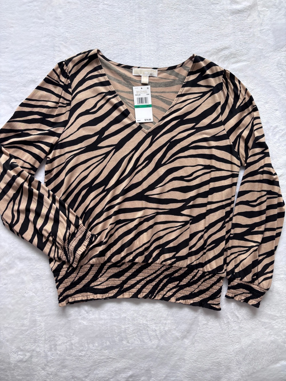 MICHAEL KORS Long Sleeve Tan & Black Zebra Print Smocked Waist Top--NWT--PL - Picture 8 of 15